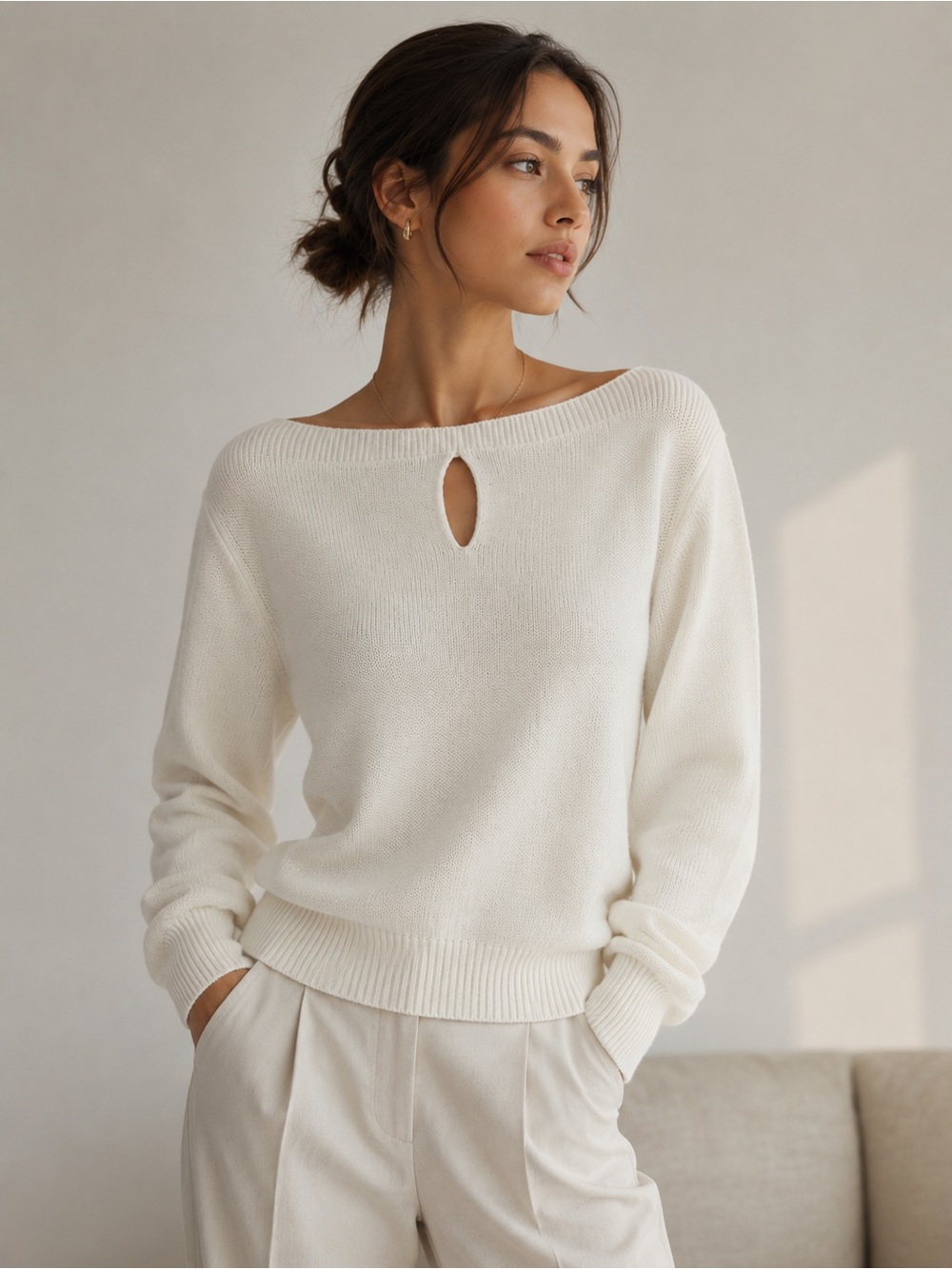 New York & Company Ivory Boat Neck Keyhole Knit Sweater Soft Minimalist XS